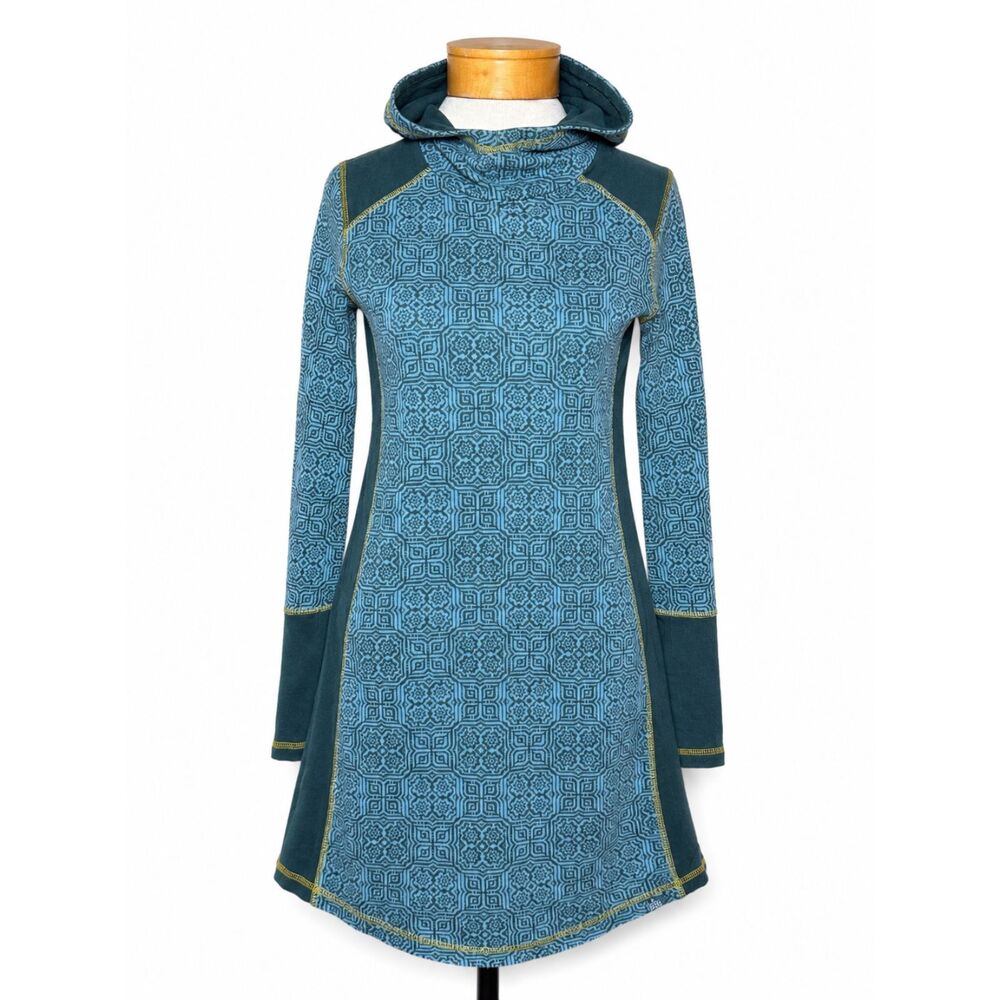 prAna Roma Hooded Dress Size XS Blue Geometric Mandala Knit Cowl Neck Tunic